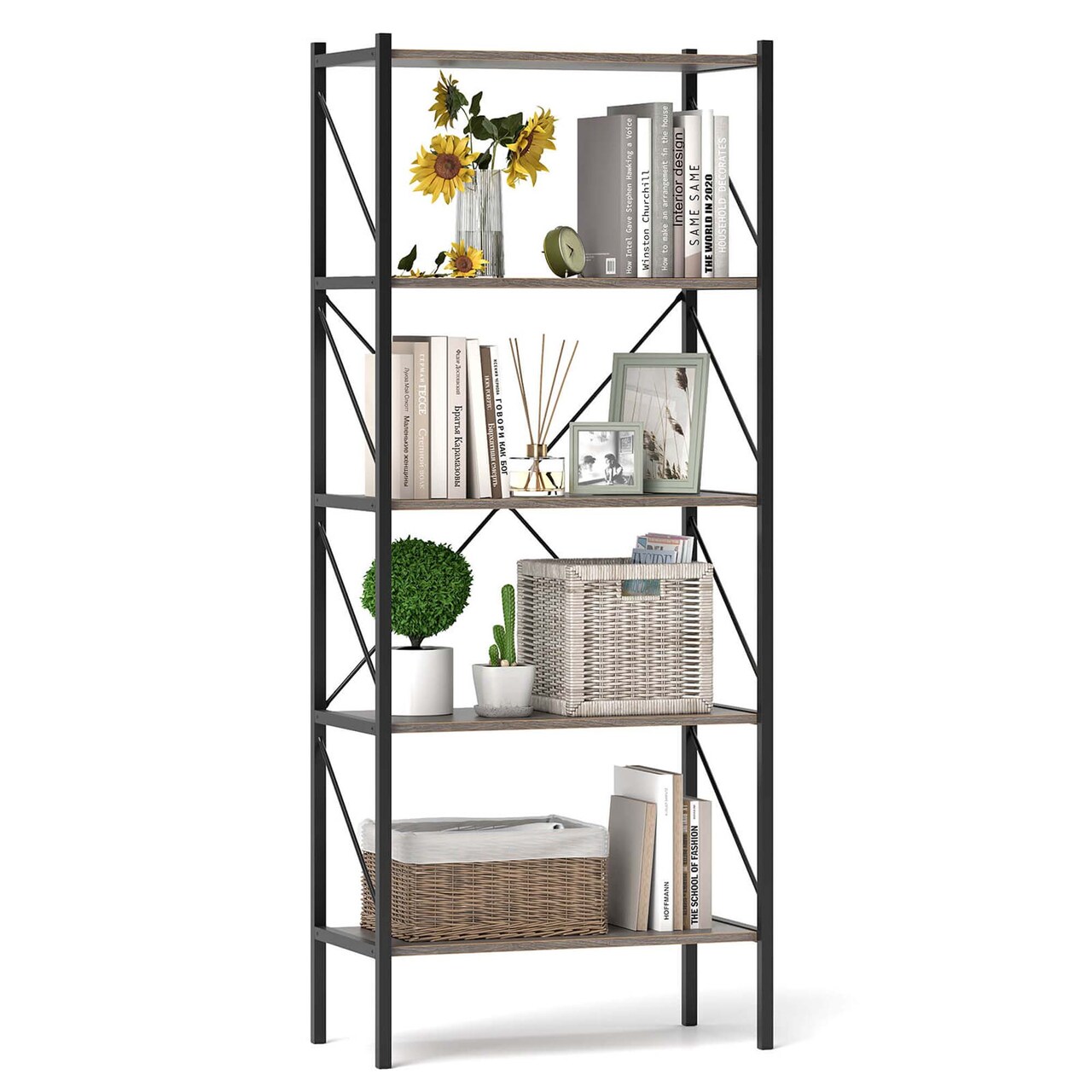 Costway 1/2 PCS 5-Tier Bookshelf, Industrial Tall Bookcase with Open Storage Shelves & Metal Frame Oak